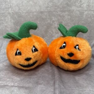 Vintage 80's Cuddle Wit Pumpkin Jack O Lantern Halloween Plush Lot Of 2 Decor 6"